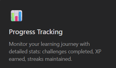 Screenshot of a progress tracking section with an icon and text describing monitoring learning journey, challenges completed, XP earned, and streaks maintained.