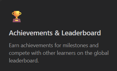 Screen displaying achievements and leaderboard section with a trophy icon, encouraging users to earn achievements and compete on a global leaderboard.