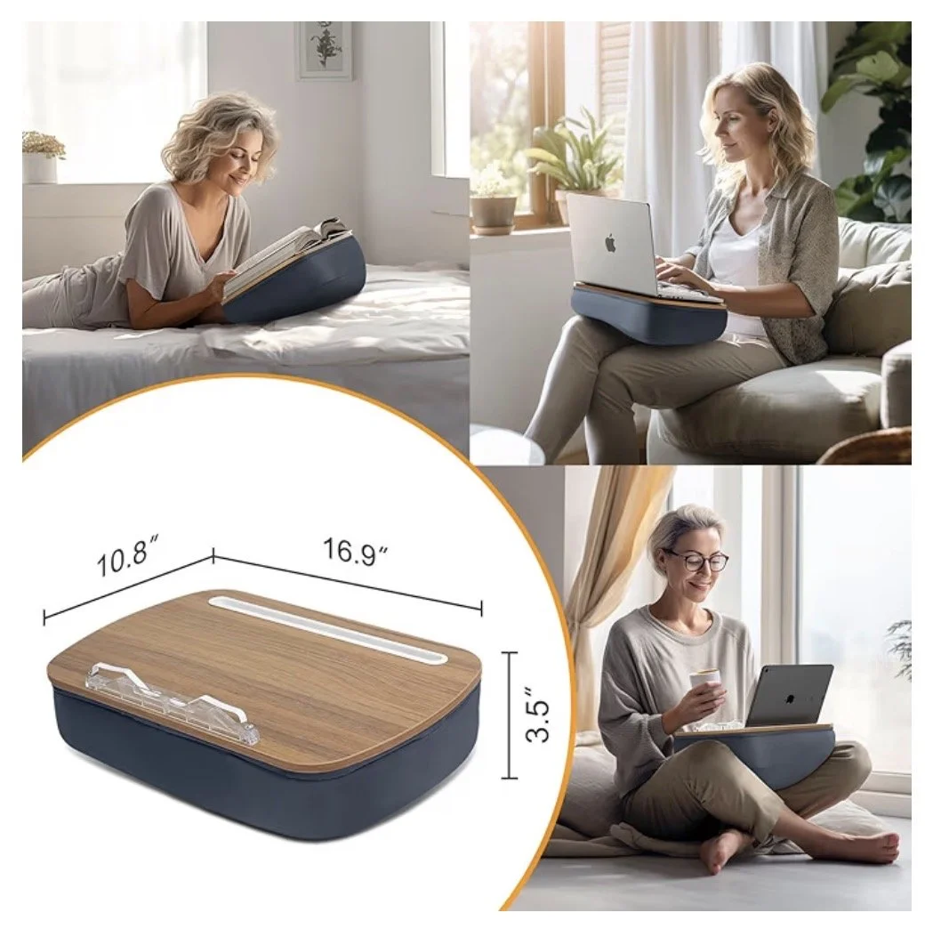 A collage featuring three women using a portable lap desk with a wooden surface and navy blue base in various settings. The lap desk's dimensions are shown as 16.9 inches by 10.8 inches by 3.5 inches.
