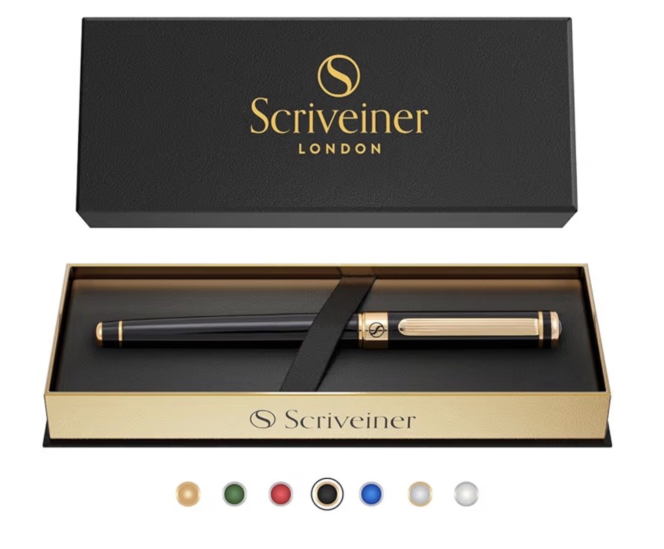 A luxurious black and gold branded fountain pen inside a black and gold gift box, with ink color options below.