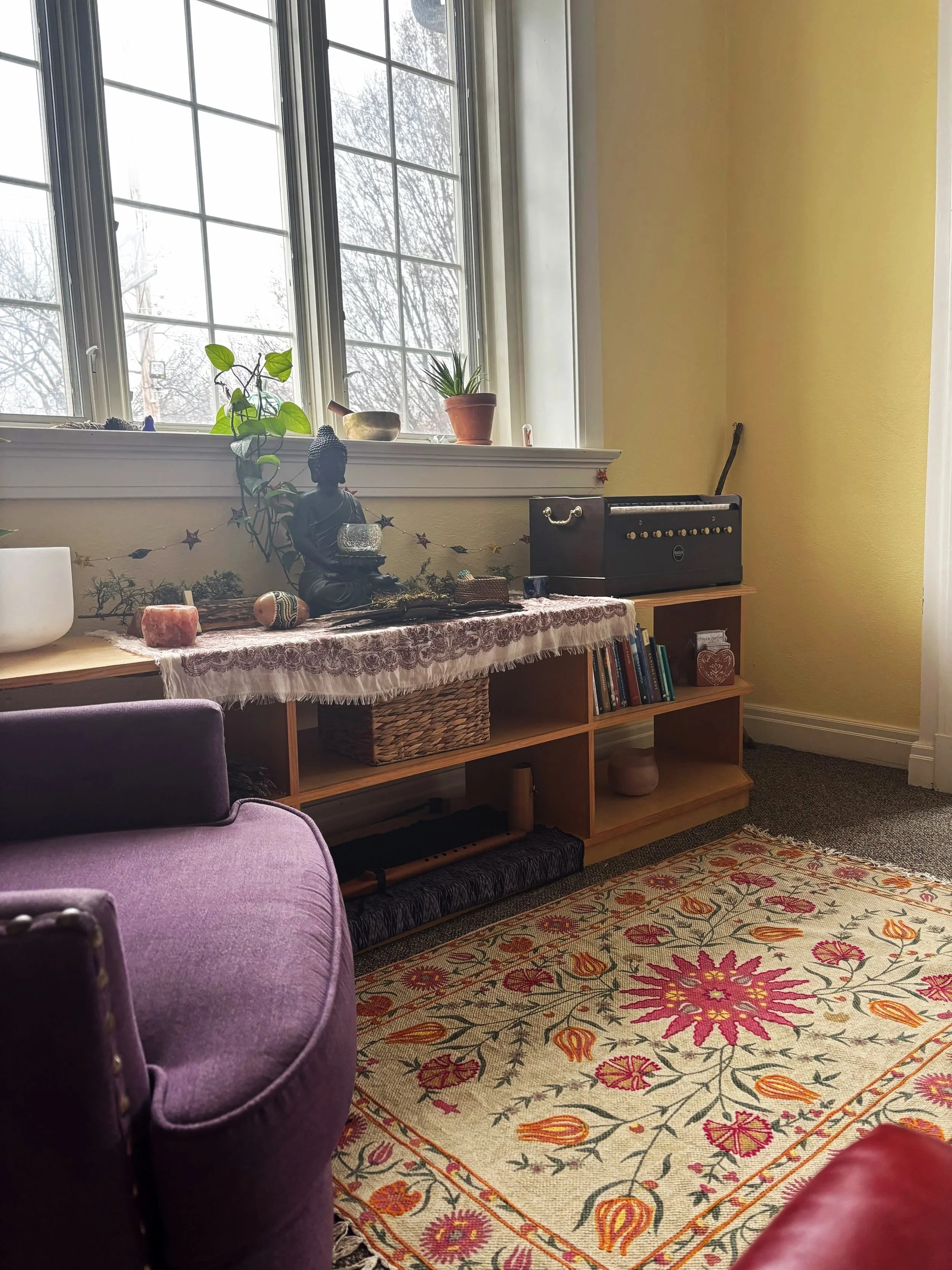 A cozy living room corner with a large window, a wooden shelf holding potted plants, decorative objects, and a small amplifier, a colorful patterned rug, and a purple armchair.
