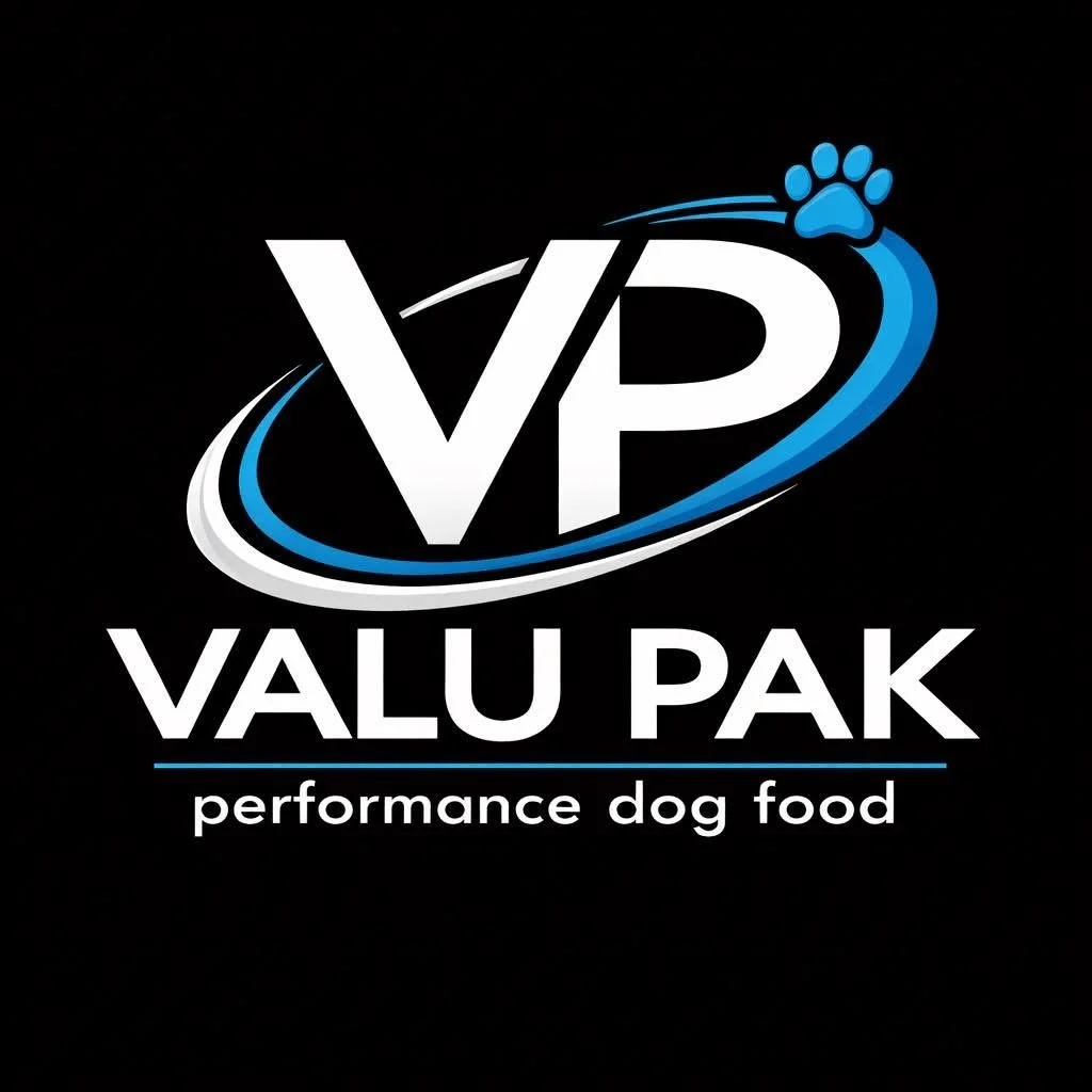 Logo for Valu Pak Performance Dog Food featuring a large 'VP' initials with a paw print design and the text 'Valu Pak performance dog food' beneath.