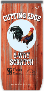 Bag of TUCKER MUNNING Cutting Edge 5-Way Scratch feed, featuring a rooster illustration on a wooden background.