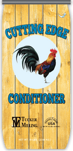 Sign reading 'Cutting Edge Conditioner' with an illustration of a rooster, set against a wooden background.