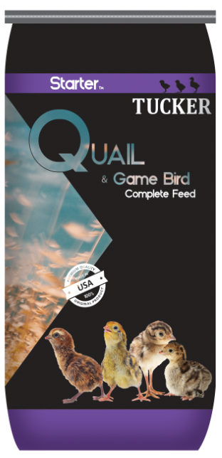Packet of Tucker Quail & Game Bird Complete Feed featuring images of a quail, chick, and two baby game birds.