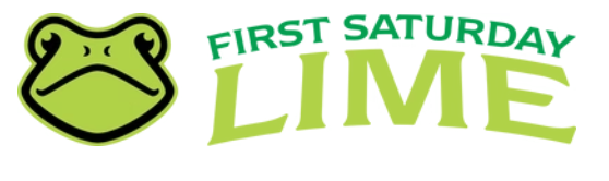 Lime froggy mascot logo with the words 'First Saturday Lime' in green text.