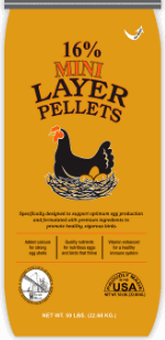 Bag of poultry layer pellets with 16% protein content, featuring a black hen illustration on a yellow background.