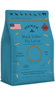 Blue package of Tucker Black Soldier Fly Larvae insect protein snack with American flag and various icons related to insects and nutrition.