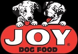 Two cartoon puppies with wagging tails above a red oval logo with the word 'JOY' and 'DOG FOOD' written inside.