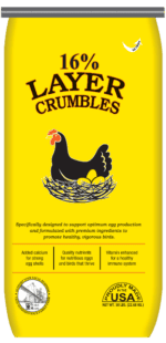 Yellow bag of Layer Crumbles chicken feed with black chicken illustration and USA label