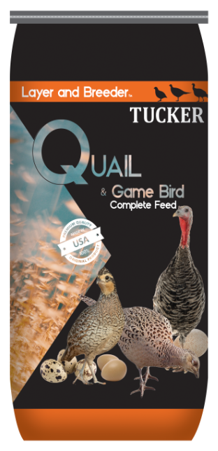 Tucker Quail and game bird complete feed packaging featuring images of quail, turkey, and game birds, with a black, orange, and blue design.