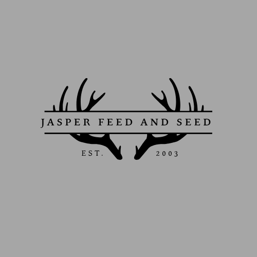 Logo with antlers and text 'Jasper Feed and Seed' with 'EST. 2003' on a gray background.