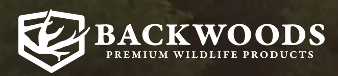 Backwoods Premium Wildlife Products logo on a dark background.