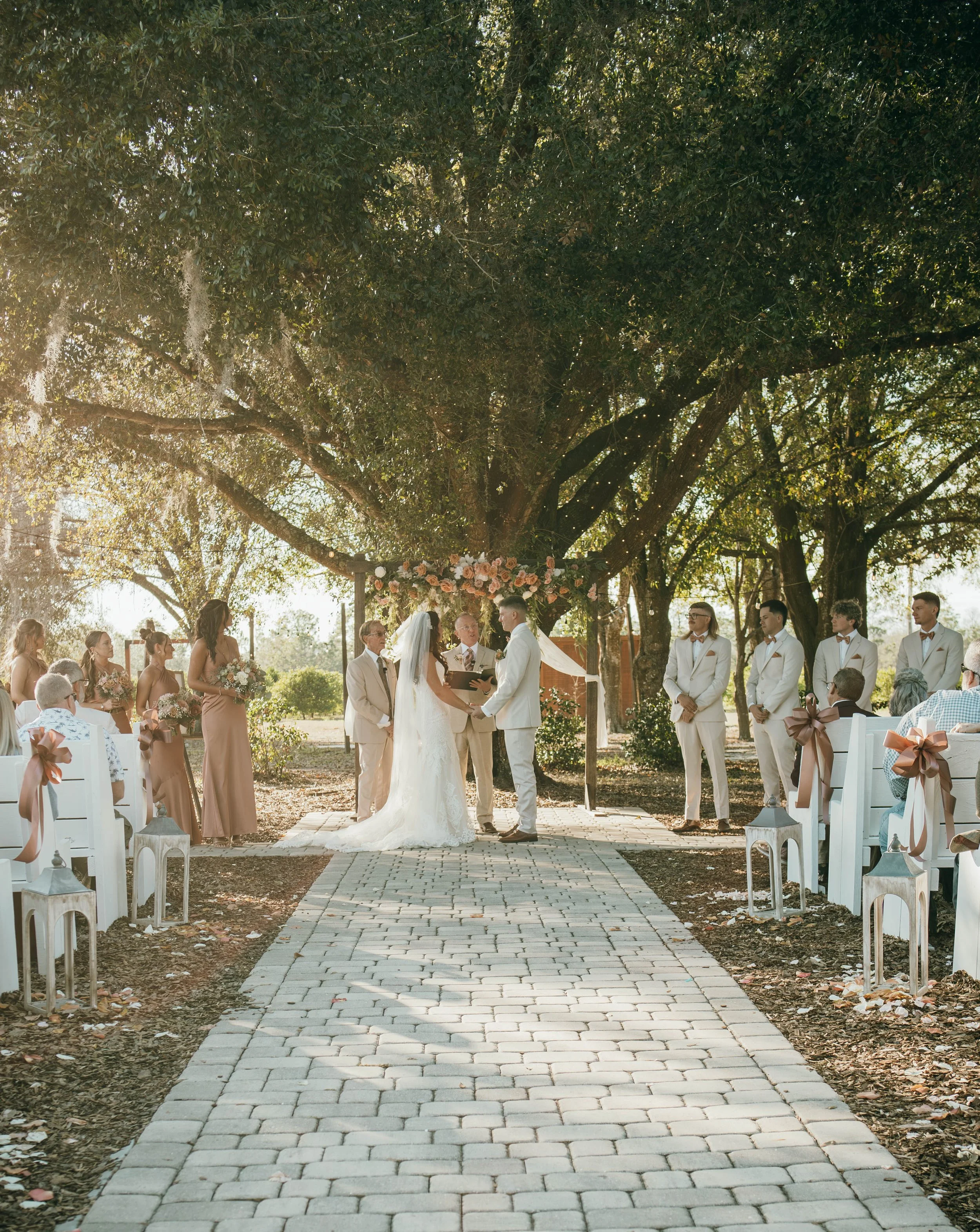 A wedding ceremony taking place outdoors under a large tree with sunlight filtering through the leaves. The bride and groom are facing each other, holding hands, with an officiant standing between them. Bridesmaids and groomsmen stand on either side,