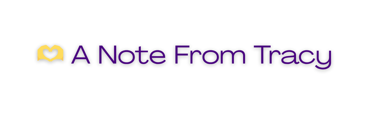Logo with a yellow heart-shaped open book icon and purple text that reads 'A Note From Tracy'.