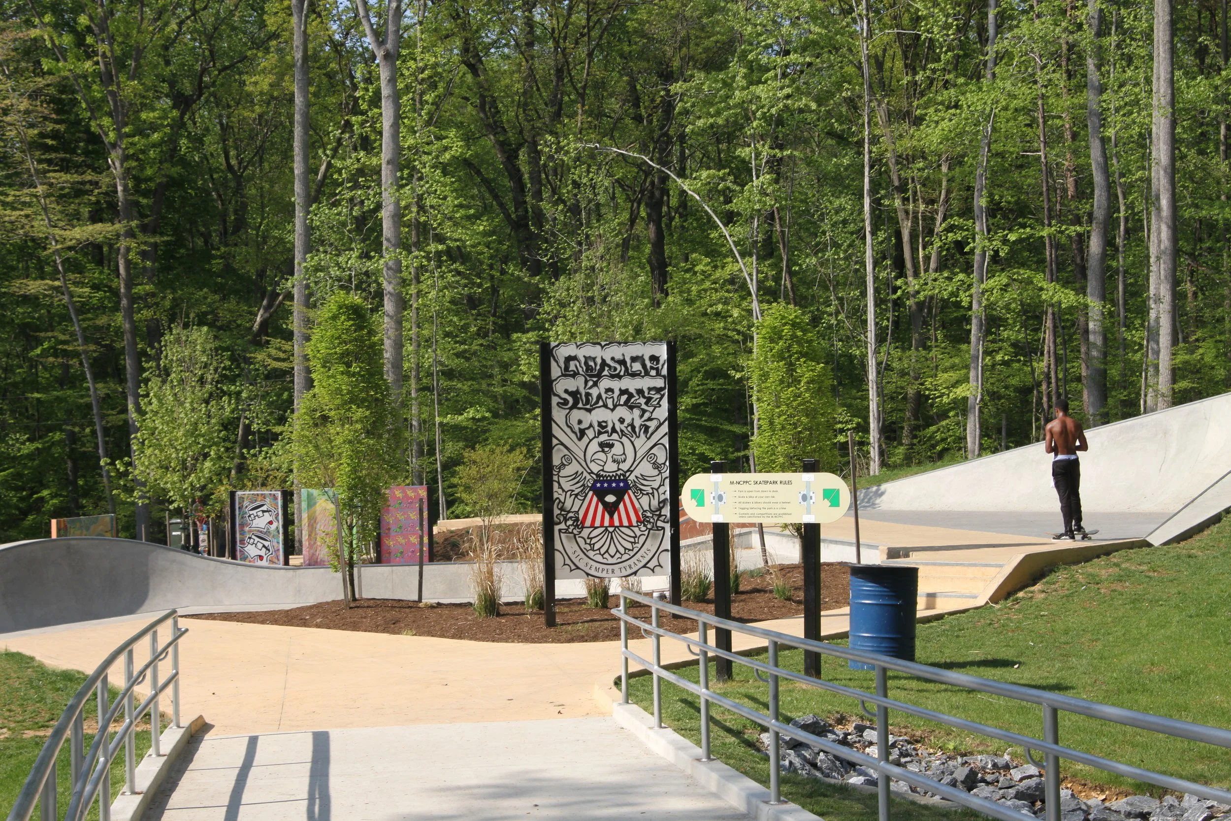A skatepark with a skater on the ramp surrounded by green trees and a grassy area, with colorful graffiti art on the walls and signs indicating skatepark rules.