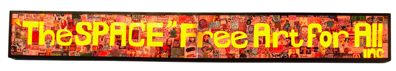 Sign with the text 'TheSPICE Free Art For All Inc' over a collage of various artwork images.