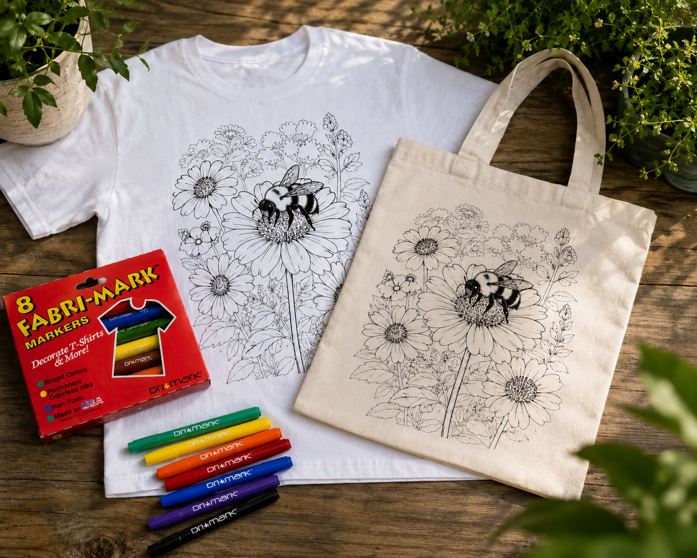 bumble bee coloring book tote bag with the matching tshirt and fabric markers