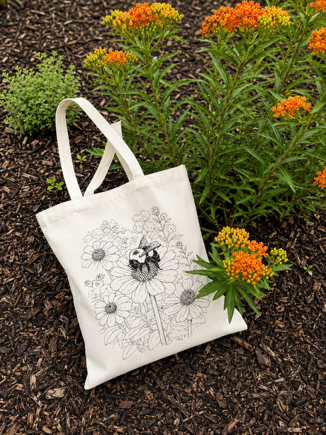 bumble bee coloring page canvas tote bag sitting in the garden around butterfly milkweed plants