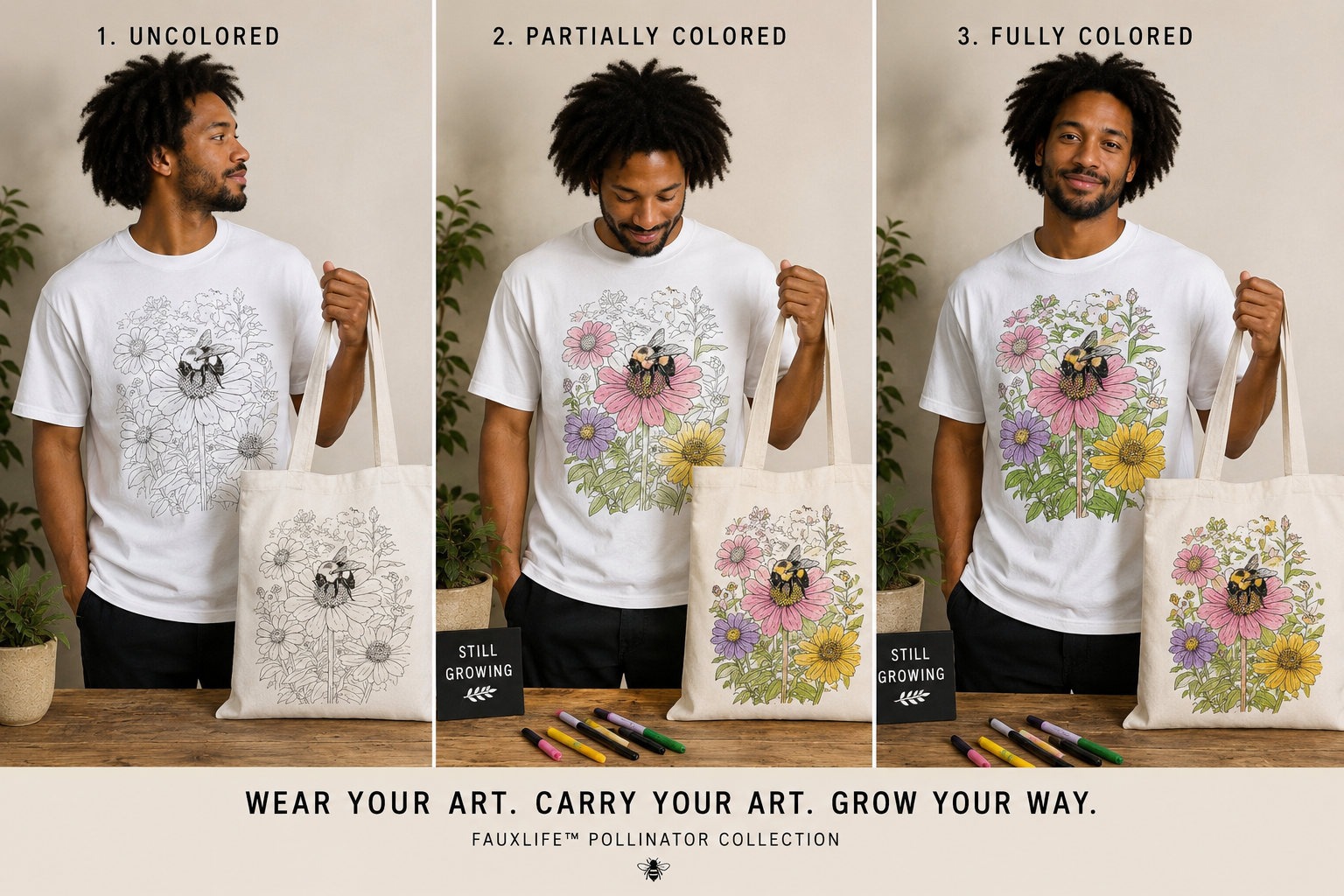 Guy with cool hair holding the shirt and matching bumble bee coloring book canvas tote bag