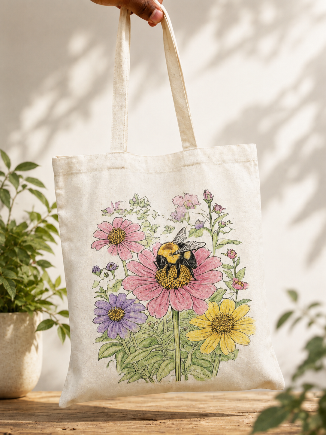 Partially colored bumble bee canvas tote bag