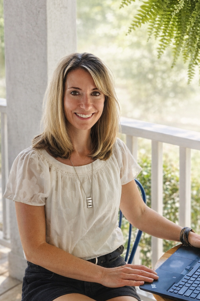 A smiling woman sitting at a table with a laptop on a porch, surrounded by greenery and sunlight.
