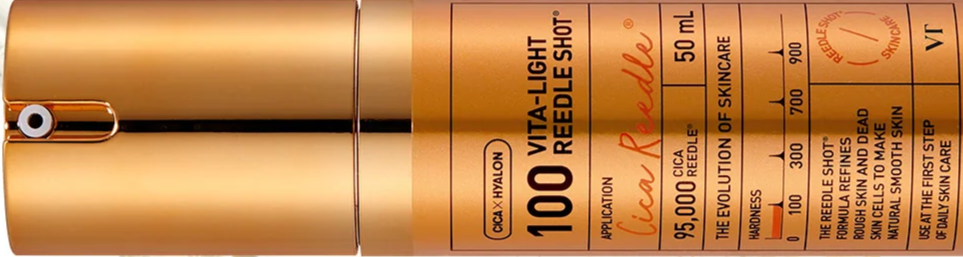 A vial of Lucar Relle Vita-Light 100 ccc CCA+ Hyalon needle-free skincare serum with a gold-colored cap and a measurement scale on the label, including indications for application and dosage.