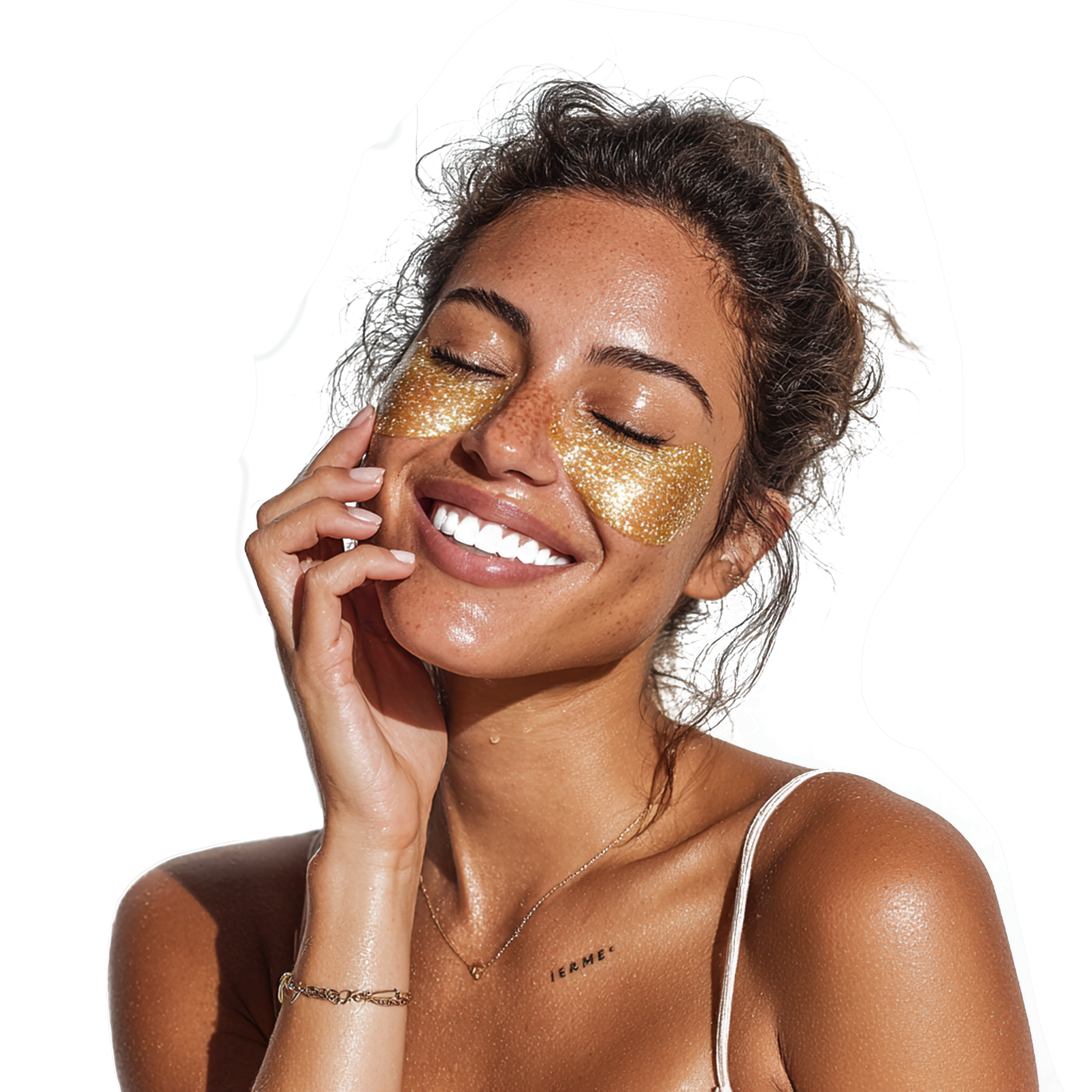 Close-up of a woman using under-eye patches as part of a skincare routine for hydrated, glowing skin.