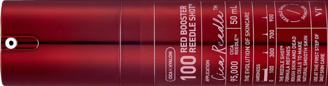 Close-up of a red skincare product bottle labeled 'Cica Red Relief' with details about ingredients, application, and usage instructions.
