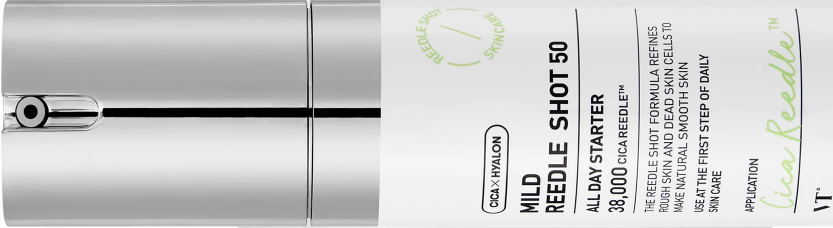 A skincare product bottle labeled "Mild Reedle Shot 50" with additional text about use for rough skin and dead skin cells, and instructions for application.