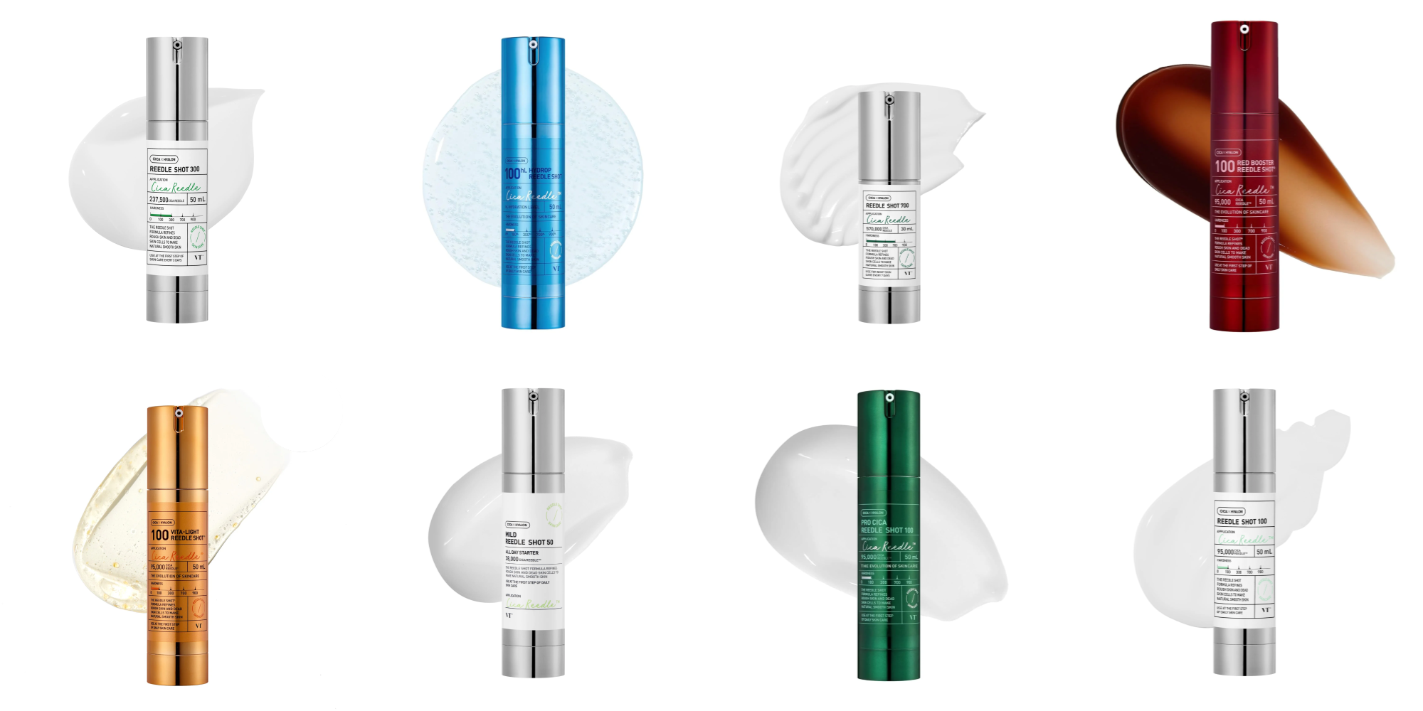 Collection of skincare products in cylindrical packaging of various colors, each with a dollop of cream or serum next to it.