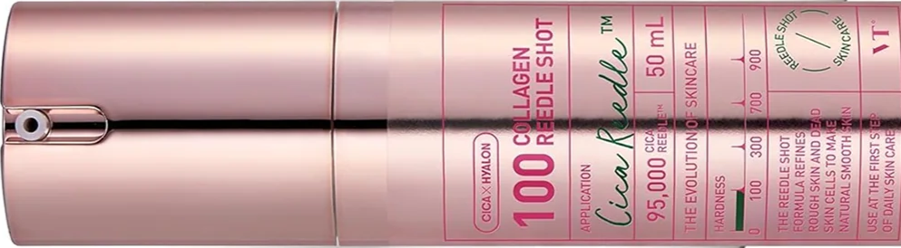 A pink bottle of Collagen Reboot skincare product with measuring lines and product details printed on it.