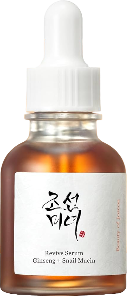 Bottle of Revive Serum with Ginseng and Snail Mucin, with a white dropper cap.