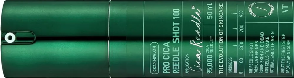 Green skincare serum bottle labeled 'Pro Cica ReEDLE SHOT 100' by Cica Revole with 50 ml capacity, featuring information about ingredients, usage, and benefits.