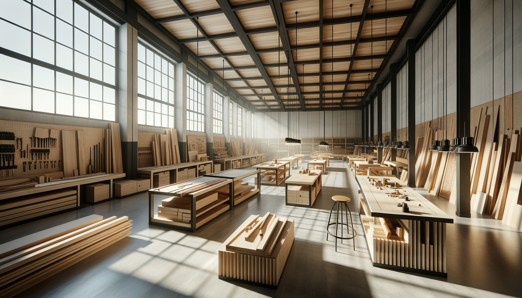 Indoor woodworking workshop with large windows, wooden workbenches, tools, and stacks of wood, illuminated by natural light and hanging lamps.