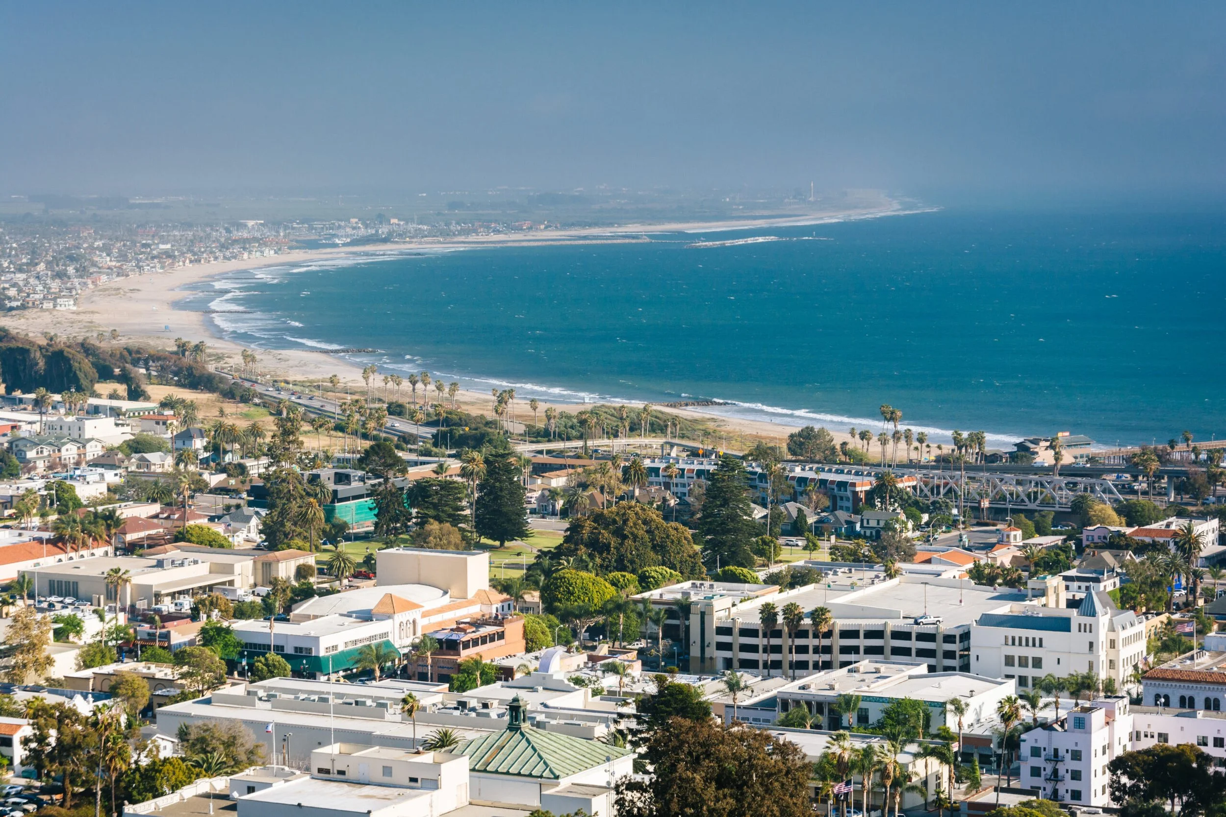 A Southern California coastal cityscape with buildings, palm trees, and a beach along the ocean shoreline, with a highway running parallel to the coast.