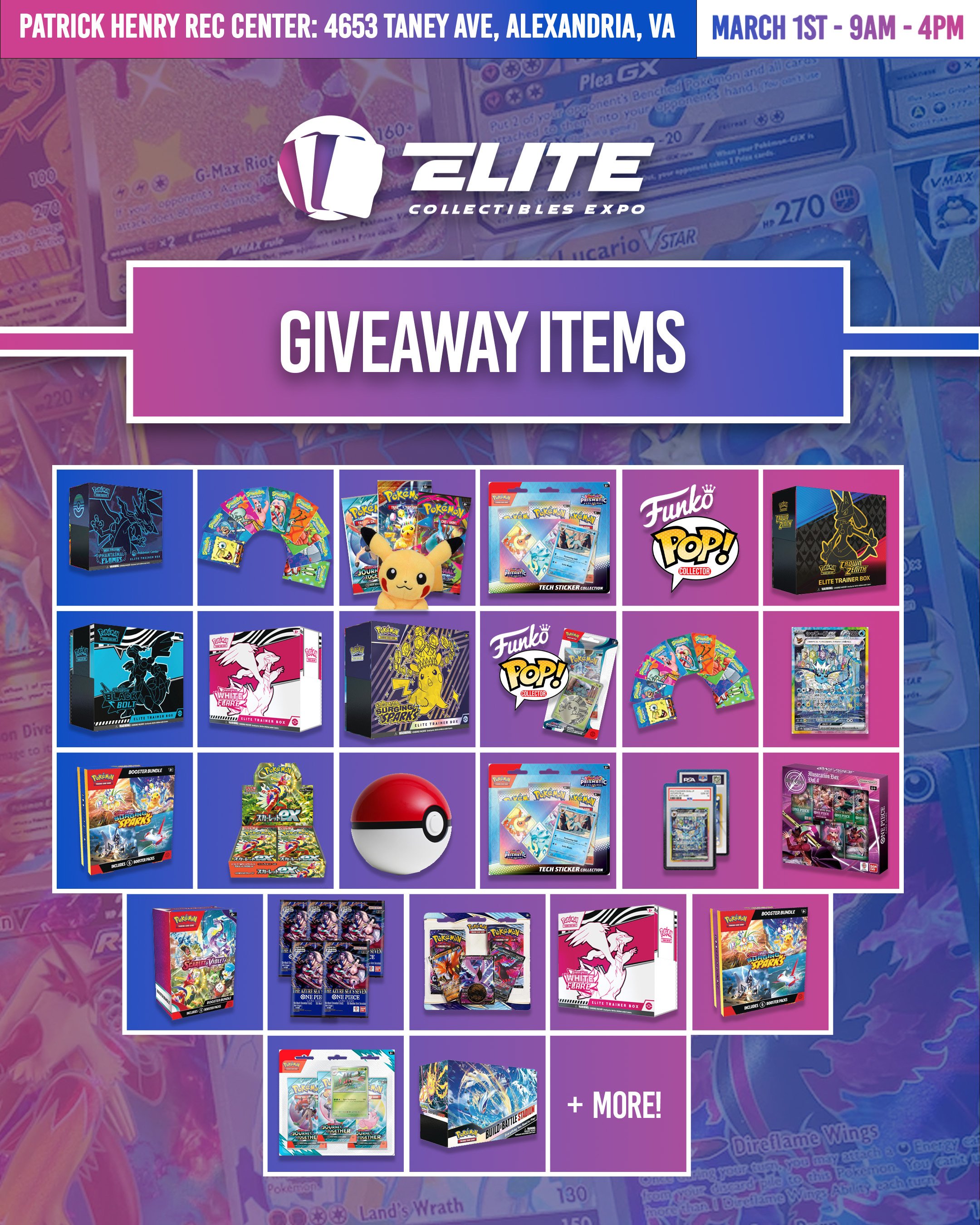 Poster advertising Pokémon trading card game and collectibles giveaway items at Elite Collectibles Expo. The items include various Pokémon booster packs, Pokémon-themed boxes, Funko Pop figures, Pokémon pins, Pokémon cards in sleeves, and Pokémon-the