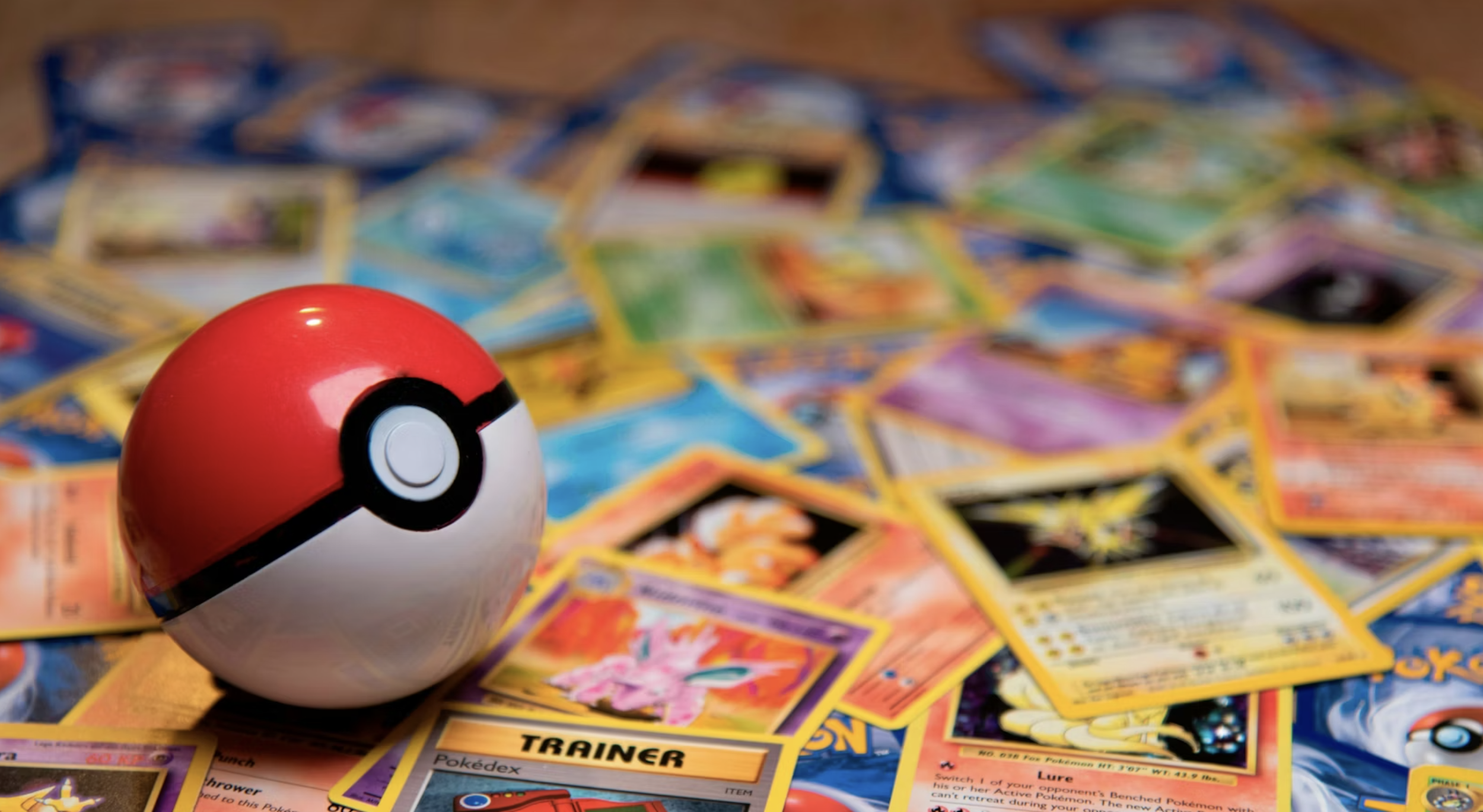 A red and white Poké Ball resting on a collection of scattered Pokémon trading cards