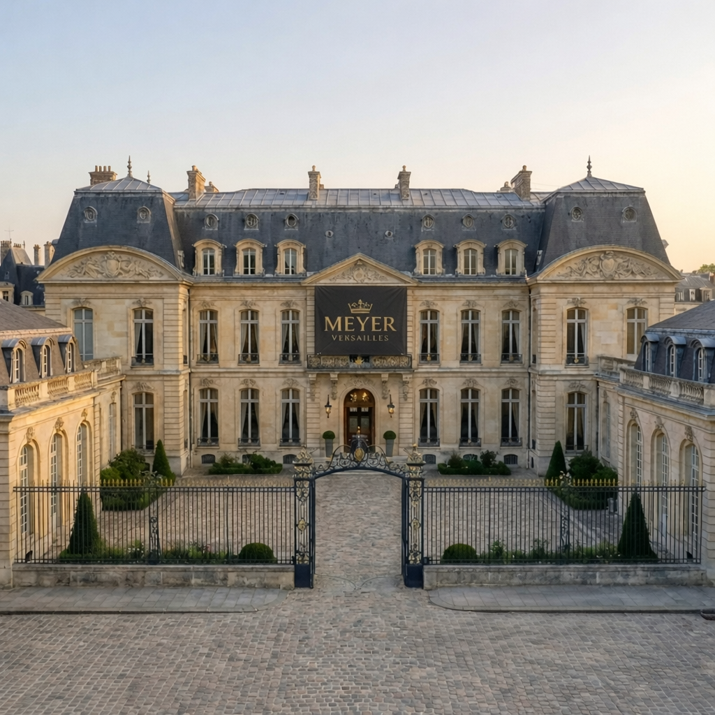 Un bâtiment élégant en pierre avec un toit en mansarde, de grandes fenêtres et un portail en fer forgé, portant une bannière noire avec l'inscription 'MEYER VERSAILLES'.