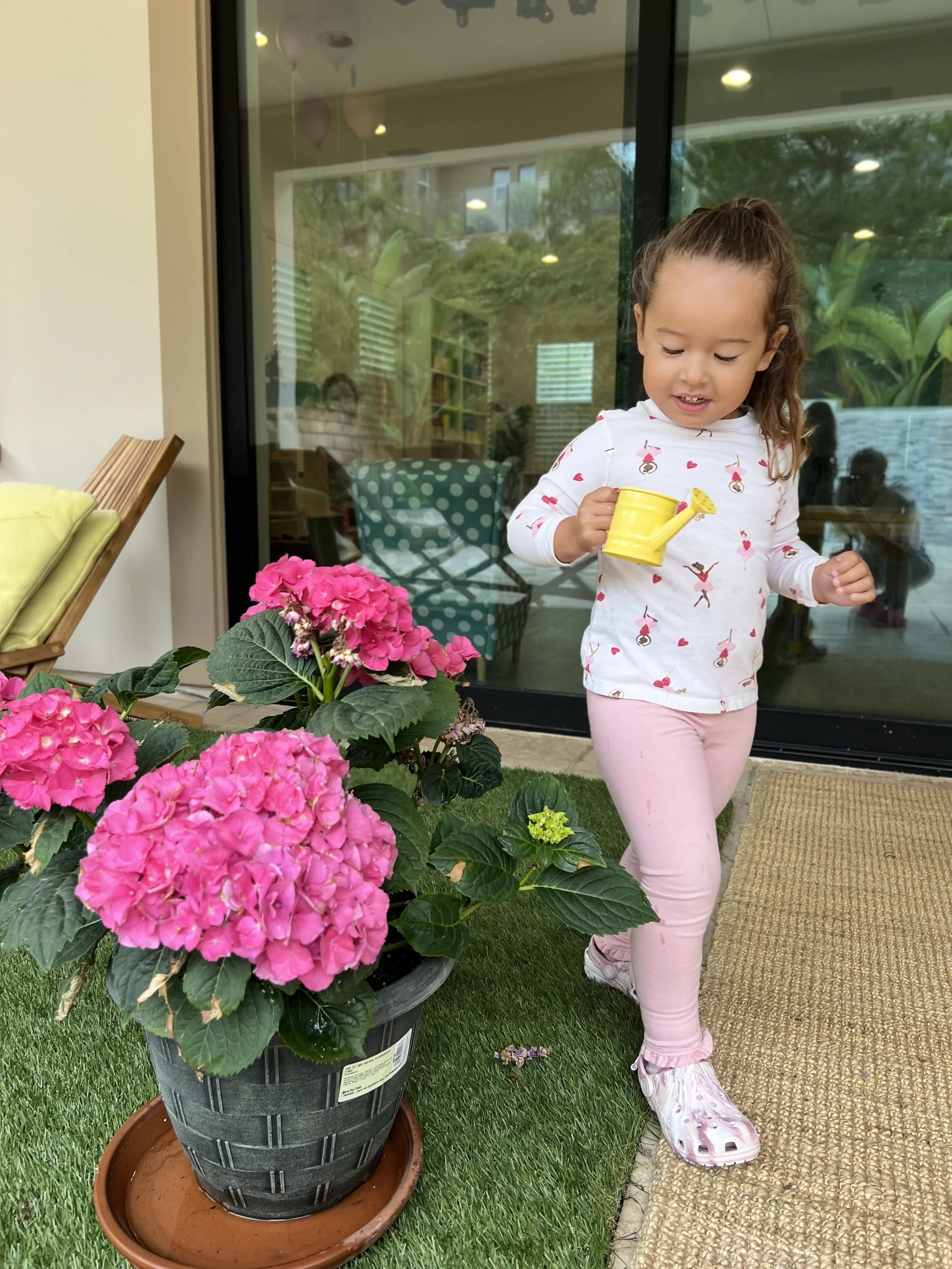 A young girl with curly hair, wearing pink leggings, a white shirt with ballet and heart patterns, and pink slippers, watering pink hydrangea flowers outside near a sliding glass door.