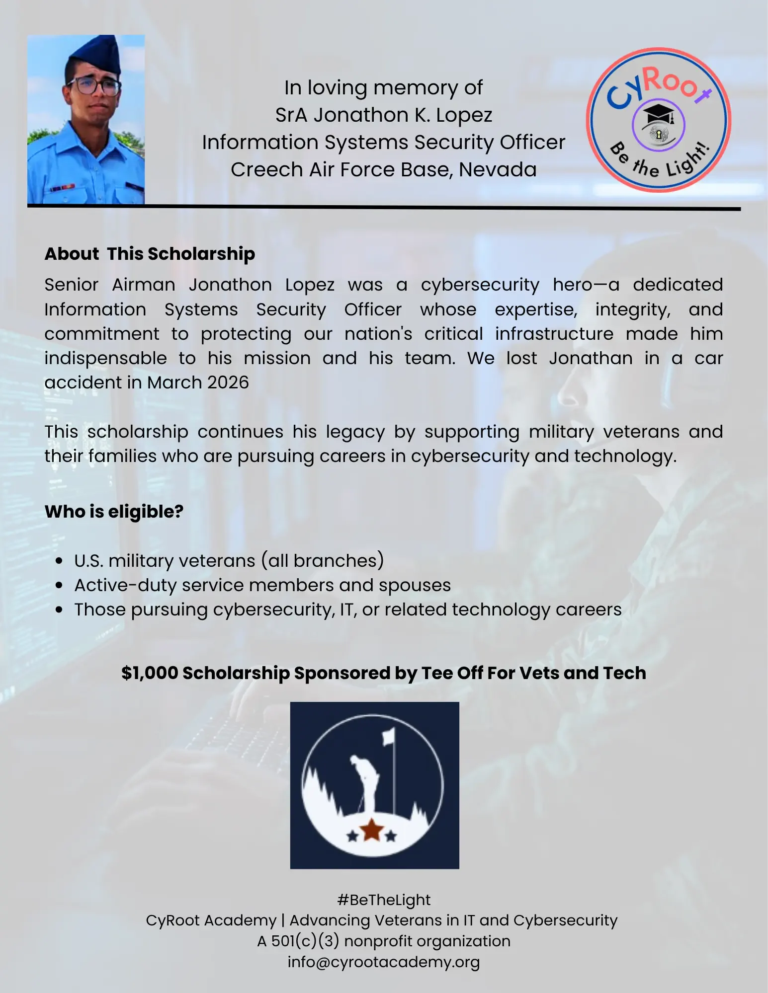 Scholarship announcement for veterans in cybersecurity, sponsored by Tee Off For Vets and Tech, with a photo of SrA Jonathon K. Lopez, a former Air Force cybersecurity officer who died in a car accident in March 2026, and a logo with a graduation cap and Wi-Fi symbol.