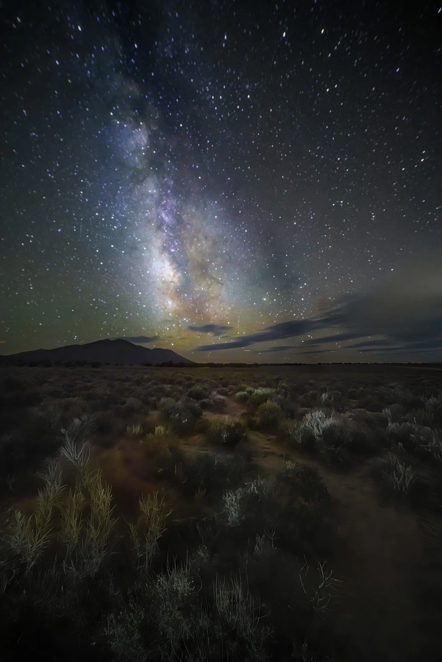 Night sky filled with stars and the Milky Way galaxy visible above a dark, mountainous landscape with sparse vegetation.