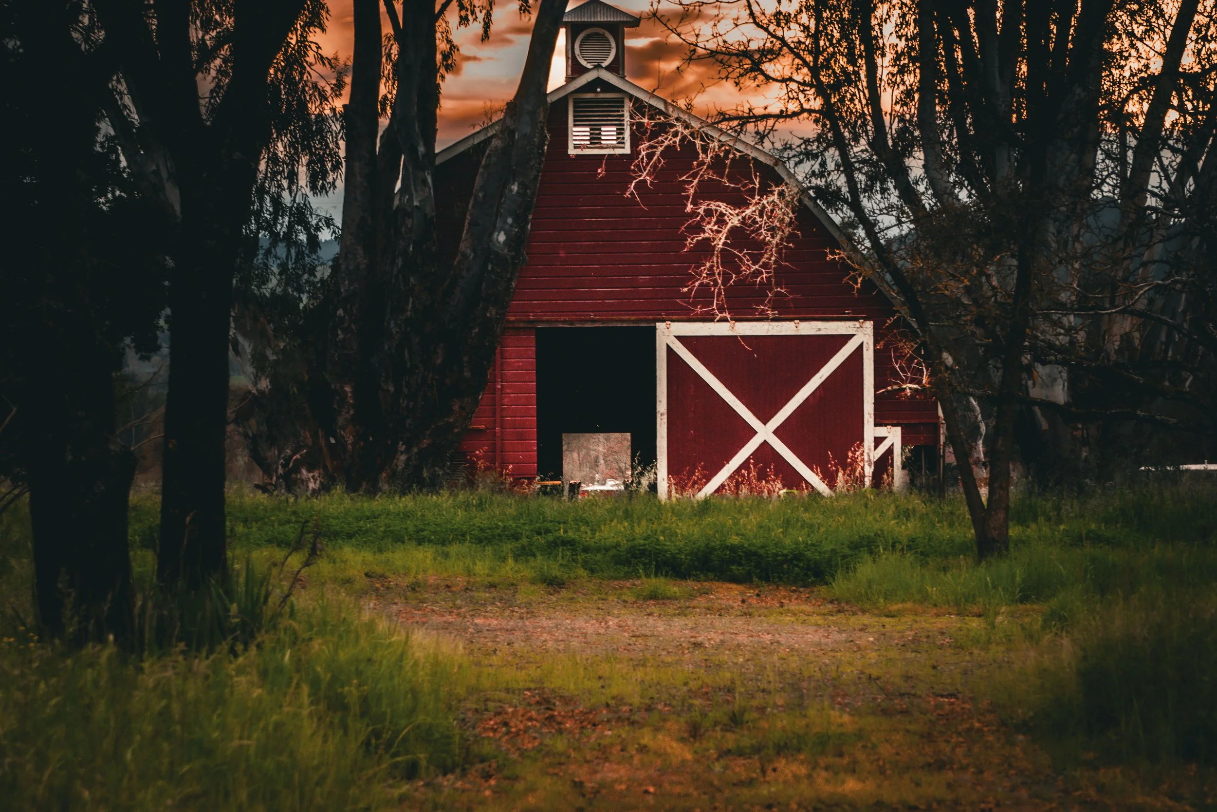 A red barn with white trim and large sliding door, surrounded by trees, during sunset or dusk, with a partly cloudy sky and green grass in the foreground.