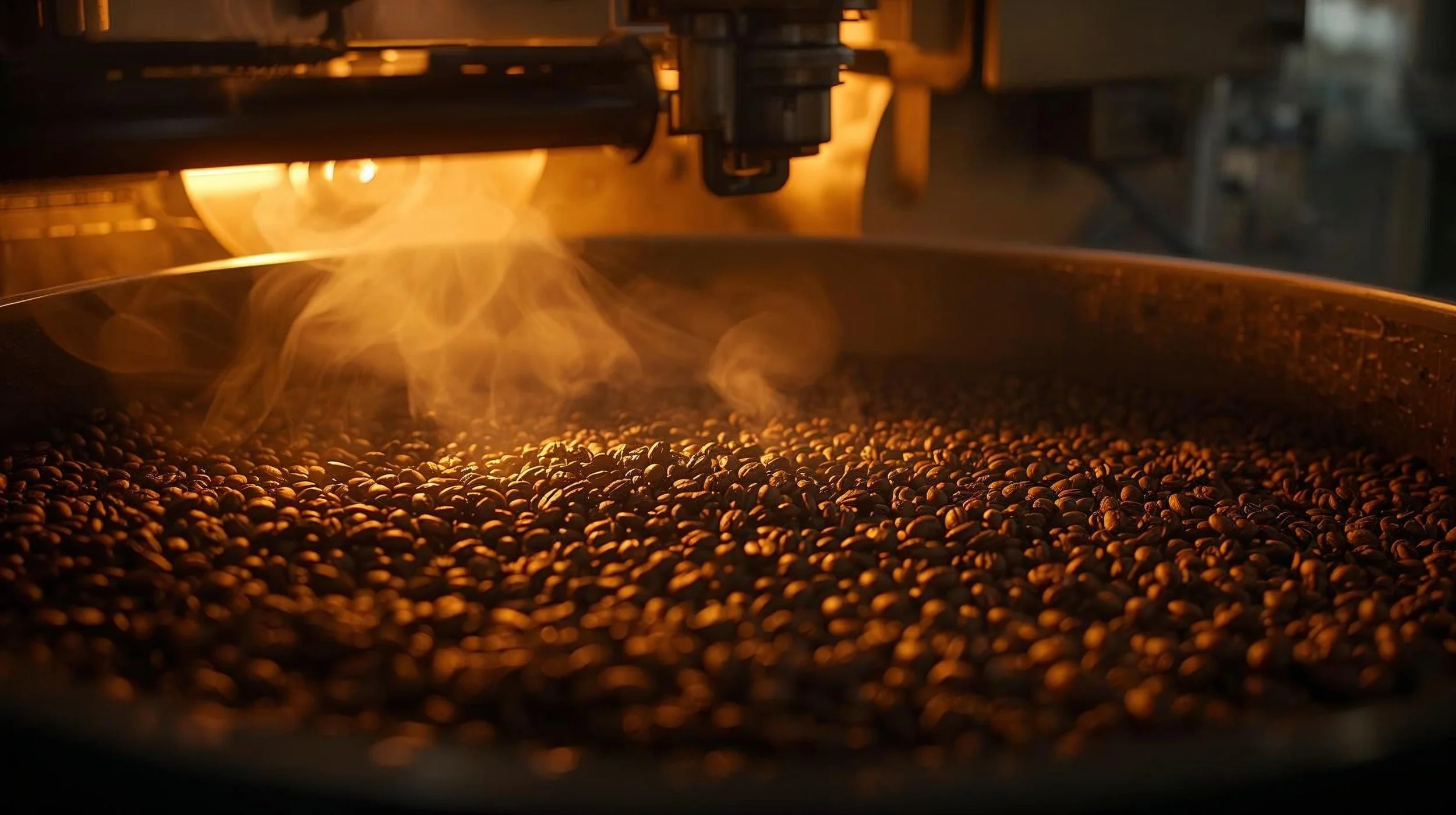 Close-up of roasted coffee beans in a roasting machine with steam and open flame