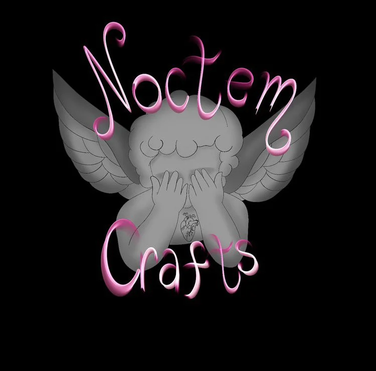 A cartoon cupid with wings covering his eyes, surrounded by the words "Notem Crafts" in pink neon-style text.