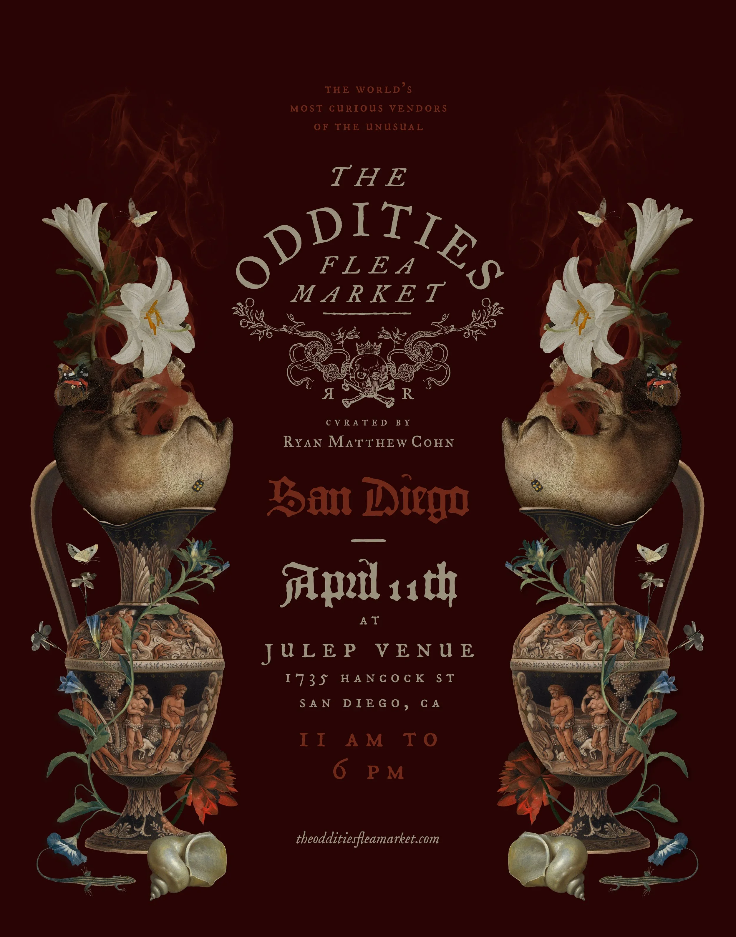 Event poster for The Oddities Flea Market at Julep Venue in San Diego, featuring decorative urns with flowers and skeletons, held on April 1st from 11 am to 6 pm.