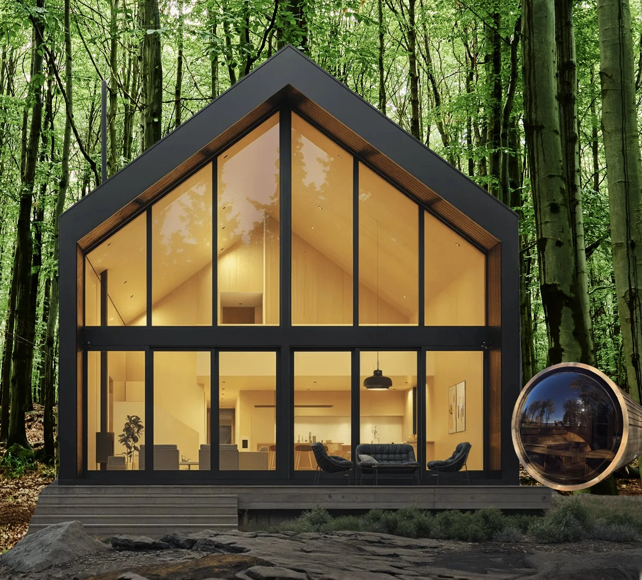 Modern glass house in a forest with a large front window, visible interior with furniture, and a rounded glass entrance tunnel on the right.