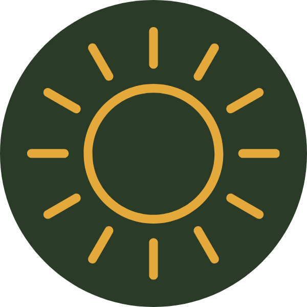 A minimalist icon of a sun with rays on a dark background.