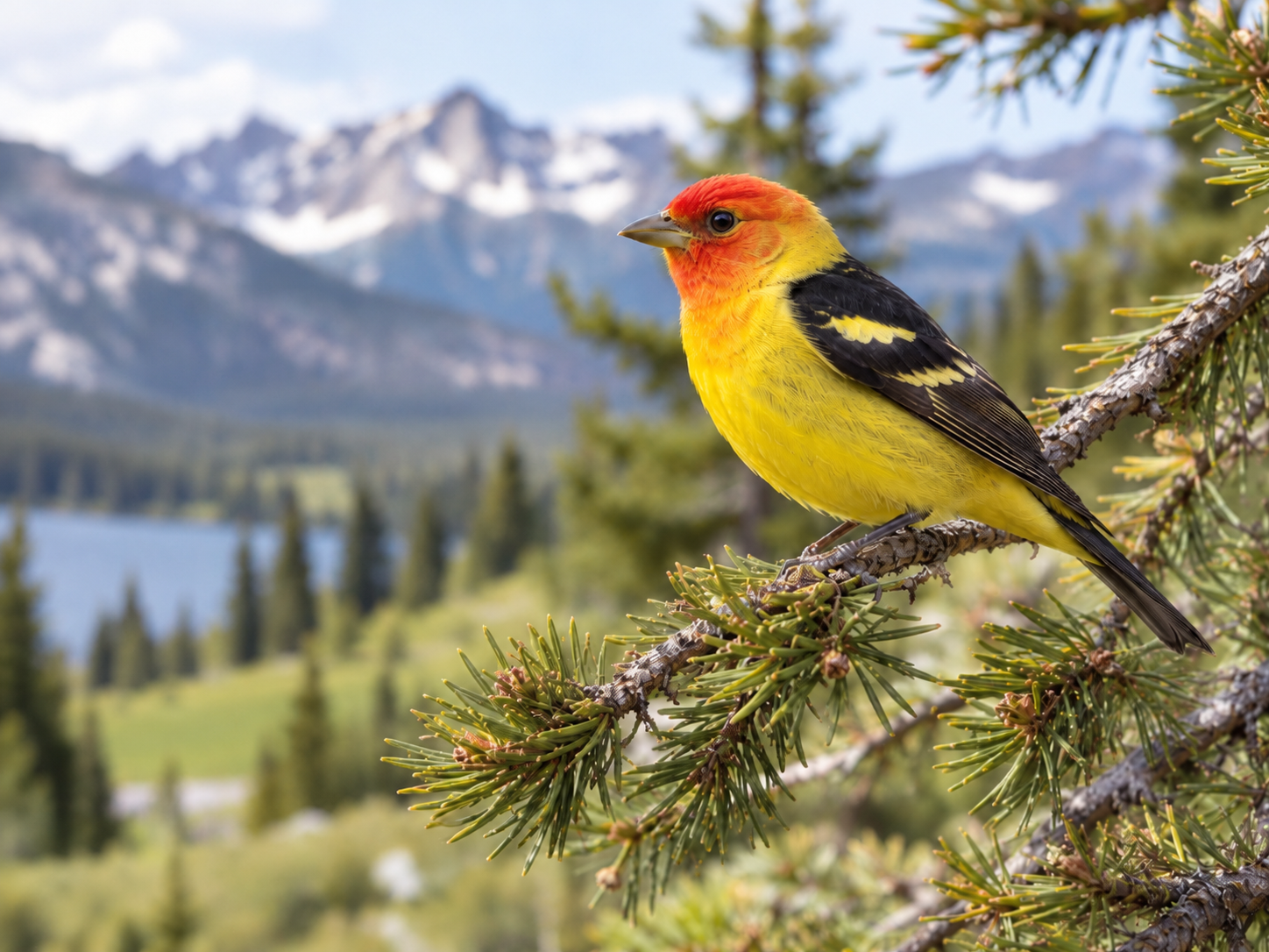 Colorful bird with yellow body, red head, and black wings perched on pine tree branch, with mountains and trees in background.