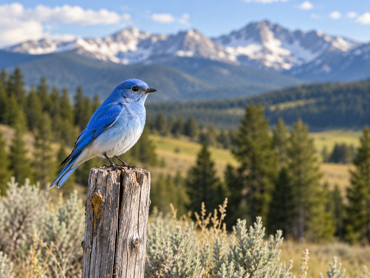 Illustration of a blue-and-white bird perched on a wooden post in a mountain landscape.